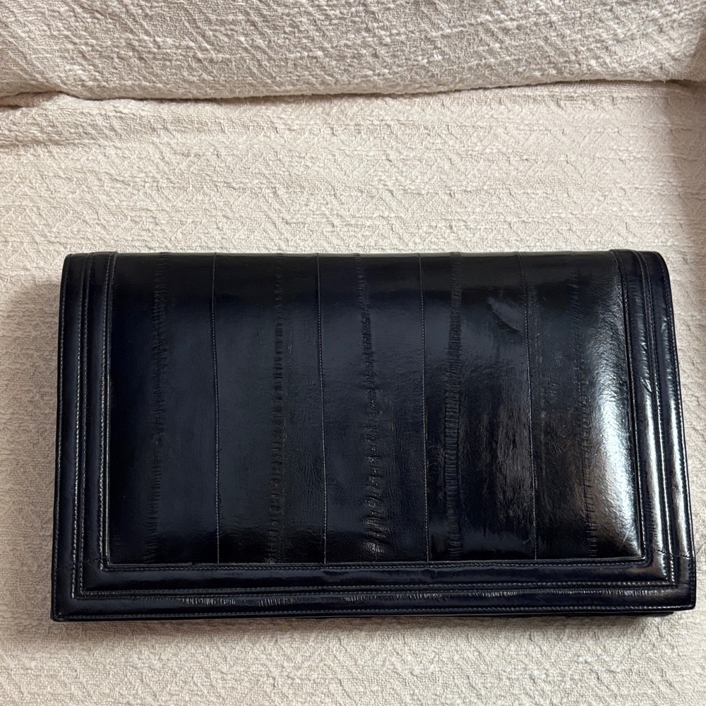 Elegant Dark Blue Eel Skin Clutch with magnetic goldtone closure, 2 sections